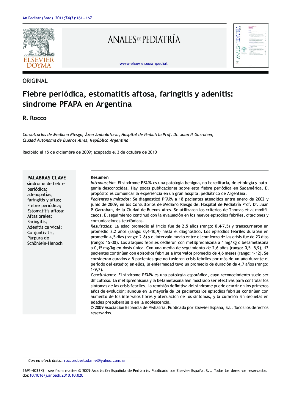 Fiebre periódica, estomatitis aftosa, faringitis y adenitis: sÃ­ndrome PFAPA en Argentina