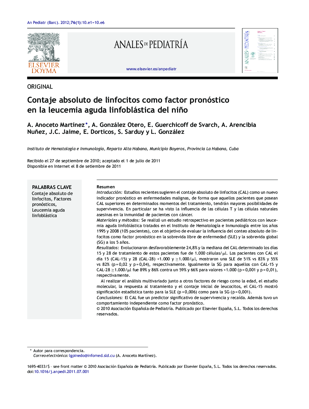 Contaje absoluto de linfocitos como factor pronóstico en la leucemia aguda linfoblástica del niño