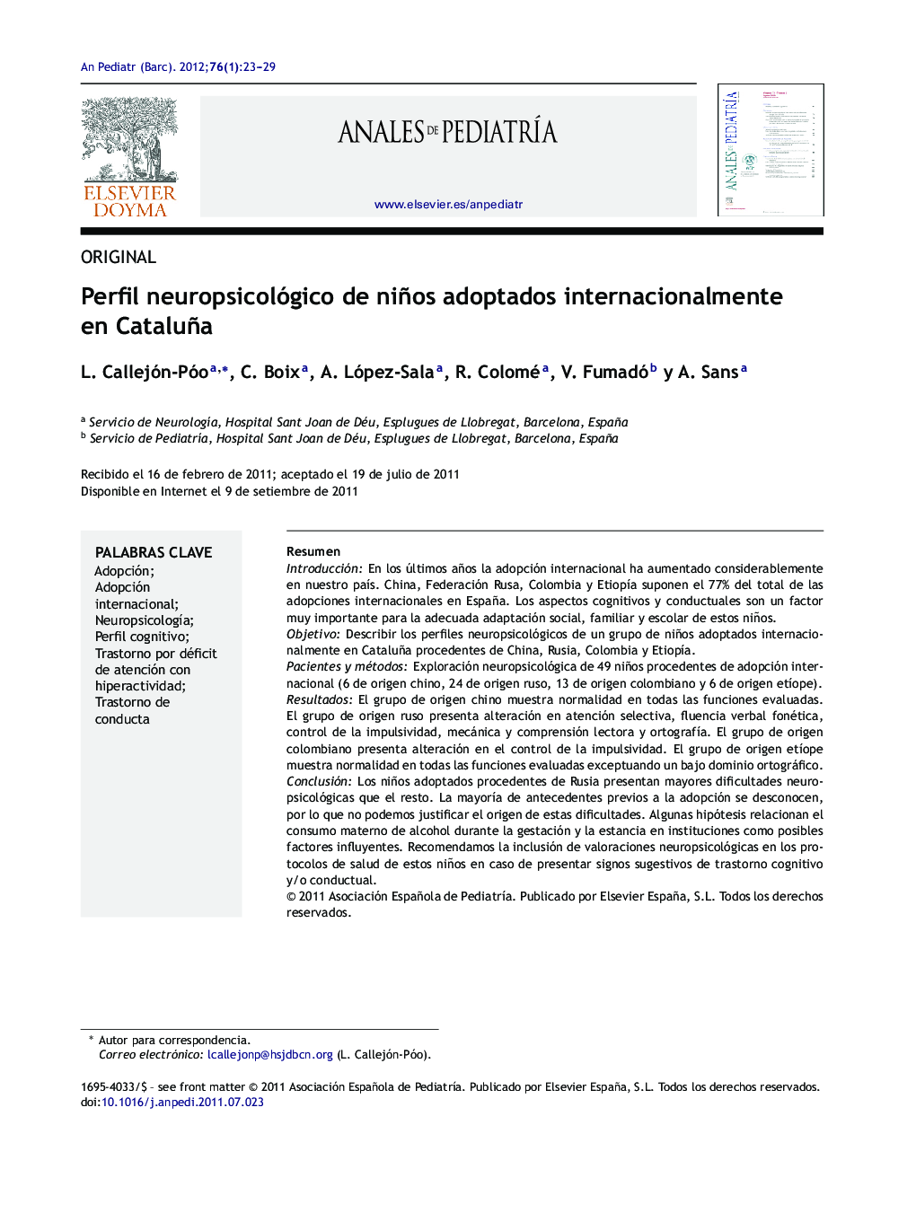 Perfil neuropsicológico de niños adoptados internacionalmente en Cataluña