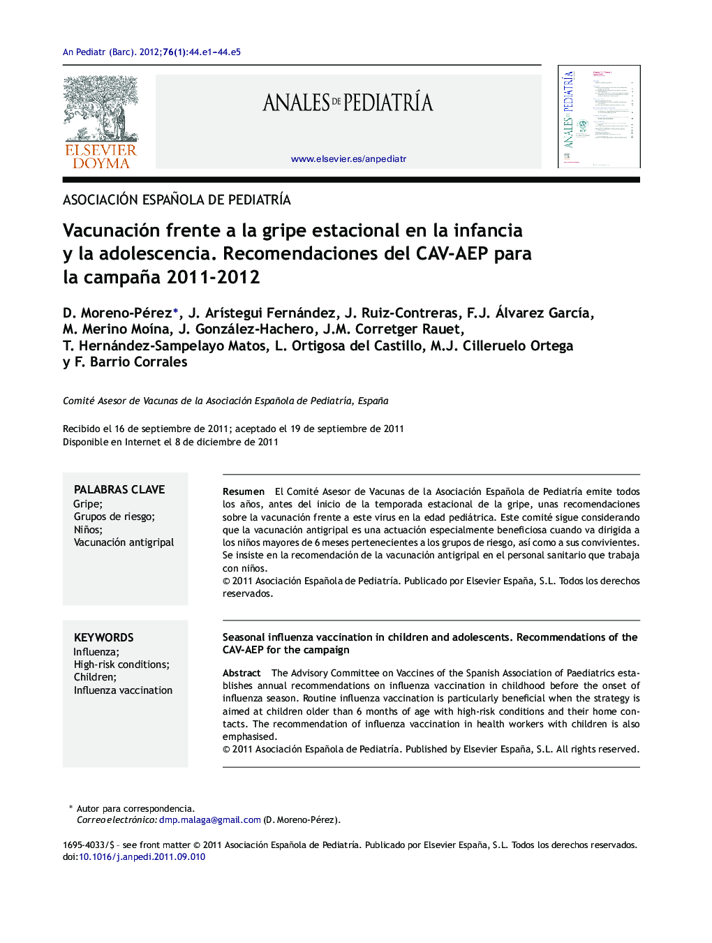 Vacunación frente a la gripe estacional en la infancia y la adolescencia. Recomendaciones del CAV-AEP para la campaña 2011-2012