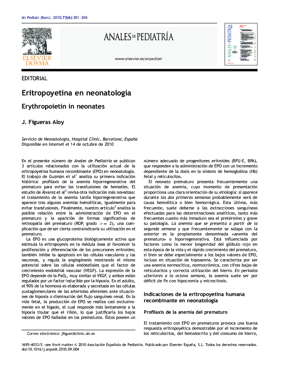 عکس صفحه اول مقاله: Eritropoyetina en neonatologÃa Eritropoyetina en neonatologÃa