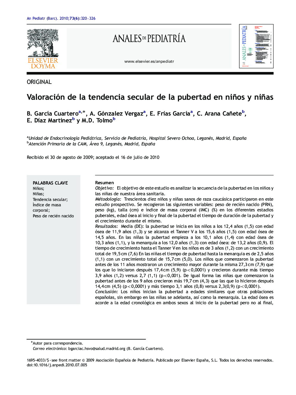 Valoración de la tendencia secular de la pubertad en niños y niñas