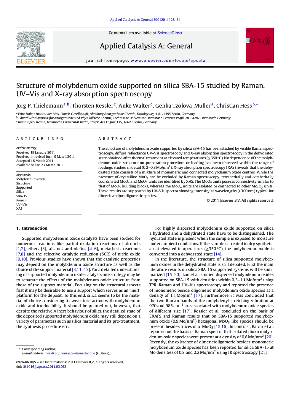 Structure of molybdenum oxide supported on silica SBA-15 studied by Raman, UV–Vis and X-ray absorption spectroscopy