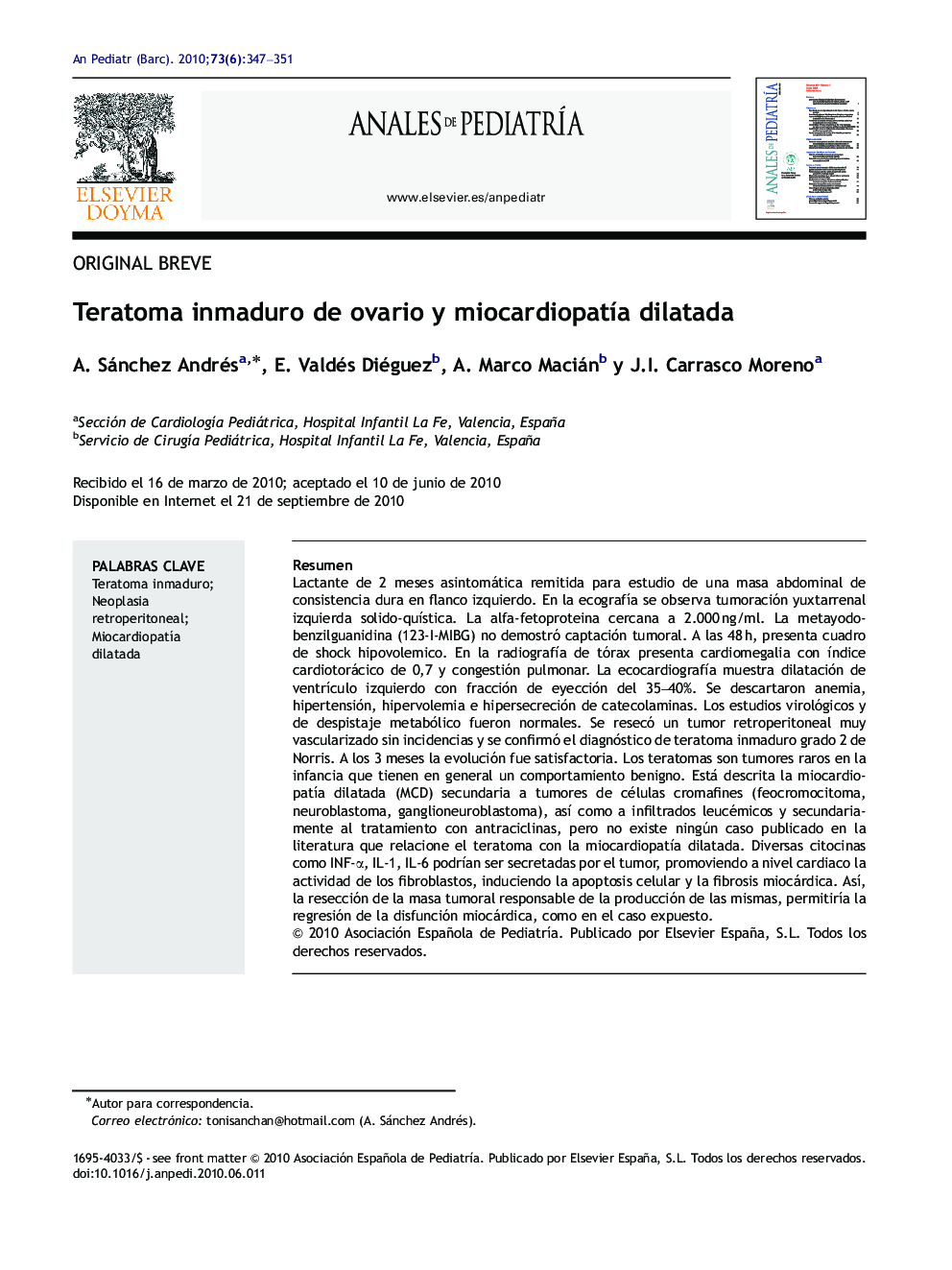 Teratoma inmaduro de ovario y miocardiopatÃ­a dilatada