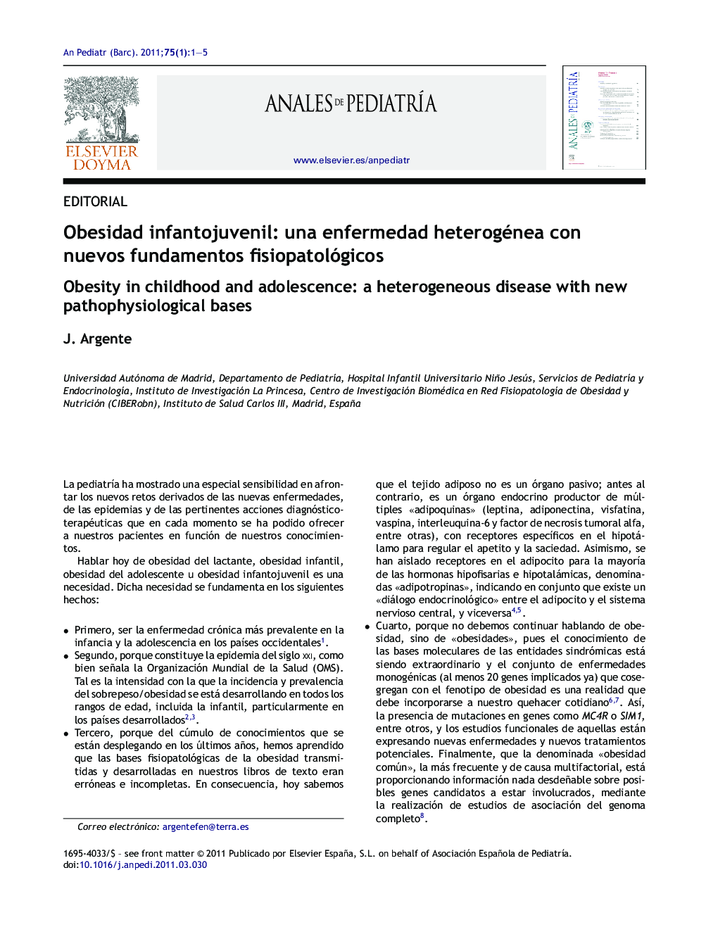 عکس صفحه اول مقاله: Obesidad infantojuvenil: una enfermedad heterogénea con nuevos fundamentos fisiopatológicos Obesidad infantojuvenil: una enfermedad heterogénea con nuevos fundamentos fisiopatológicos