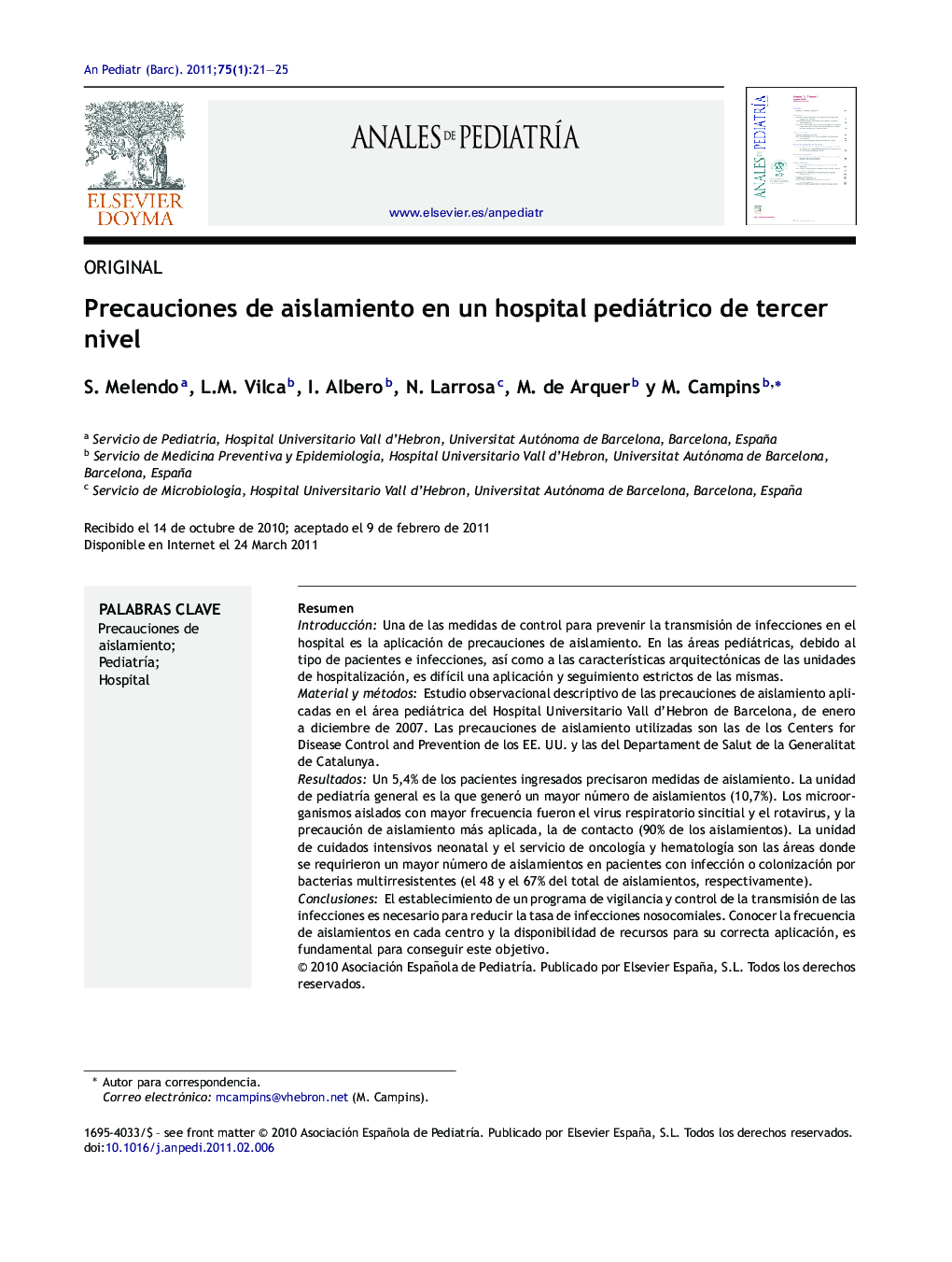 Precauciones de aislamiento en un hospital pediátrico de tercer nivel