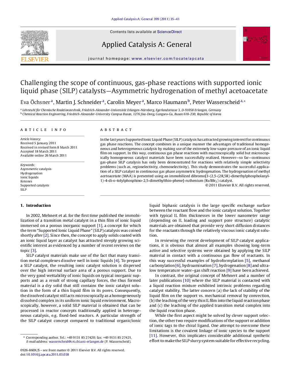 Challenging the scope of continuous, gas-phase reactions with supported ionic liquid phase (SILP) catalysts—Asymmetric hydrogenation of methyl acetoacetate