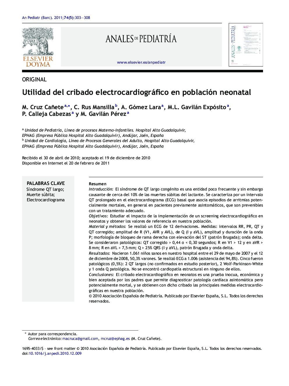 Utilidad del cribado electrocardiográfico en población neonatal