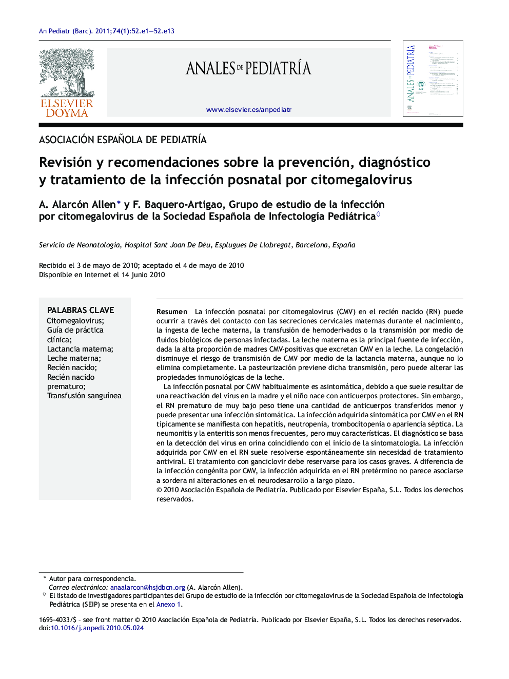 Revisión y recomendaciones sobre la prevención, diagnóstico y tratamiento de la infección posnatal por citomegalovirus