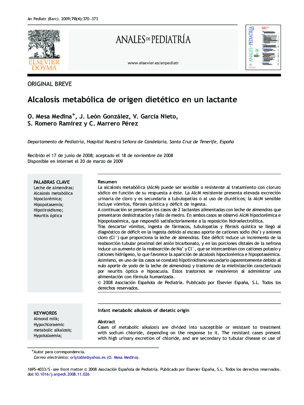 Alcalosis metabólica de origen dietético en un lactante