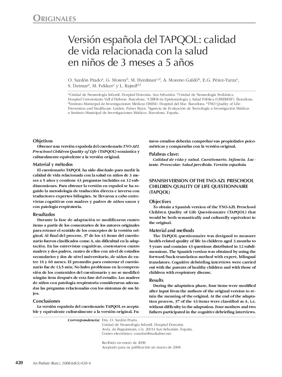 Versión española del TAPQOL: calidad de vida relacionada con la salud en niños de 3 meses a 5 años