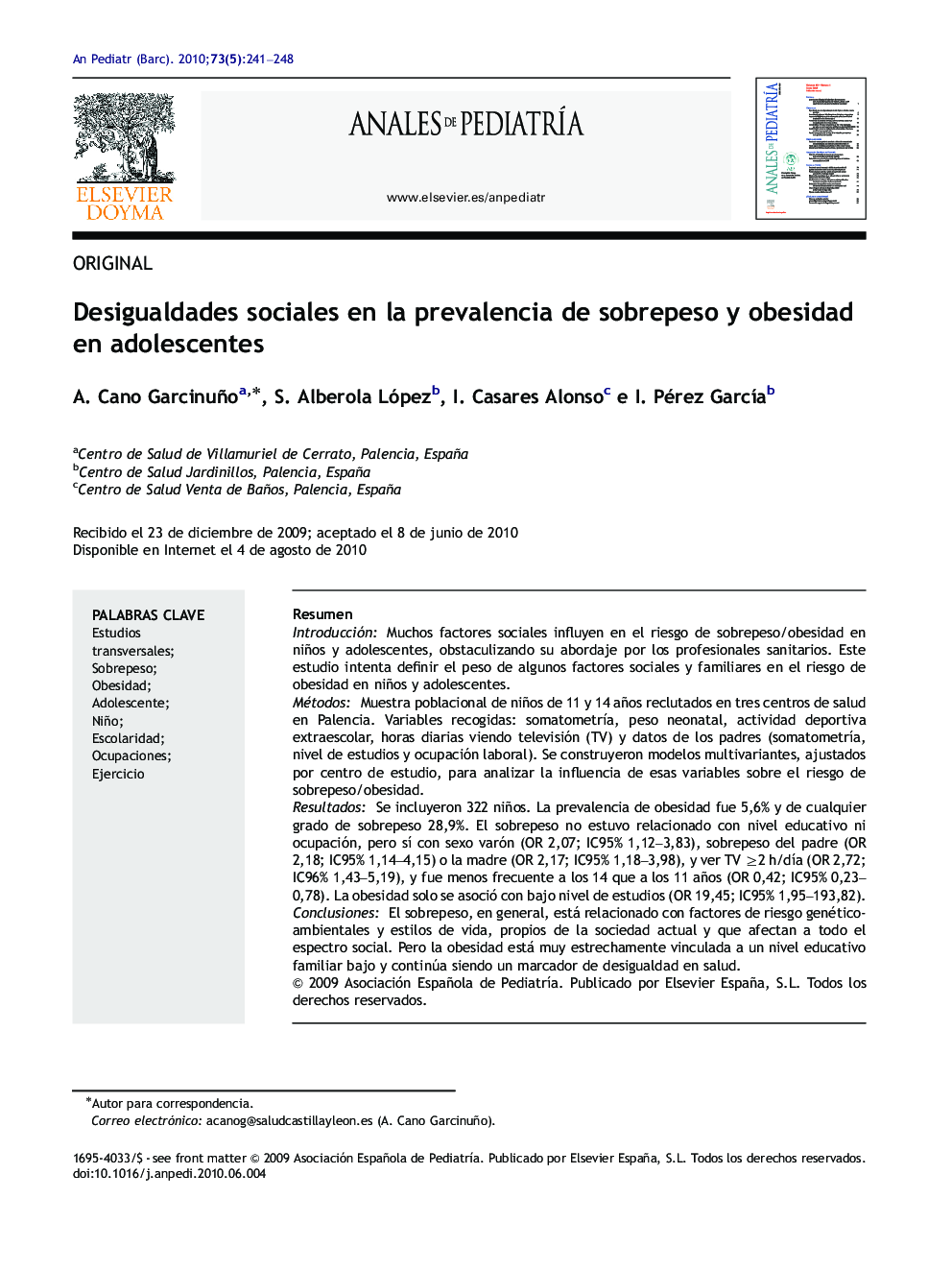 Desigualdades sociales en la prevalencia de sobrepeso y obesidad en adolescentes