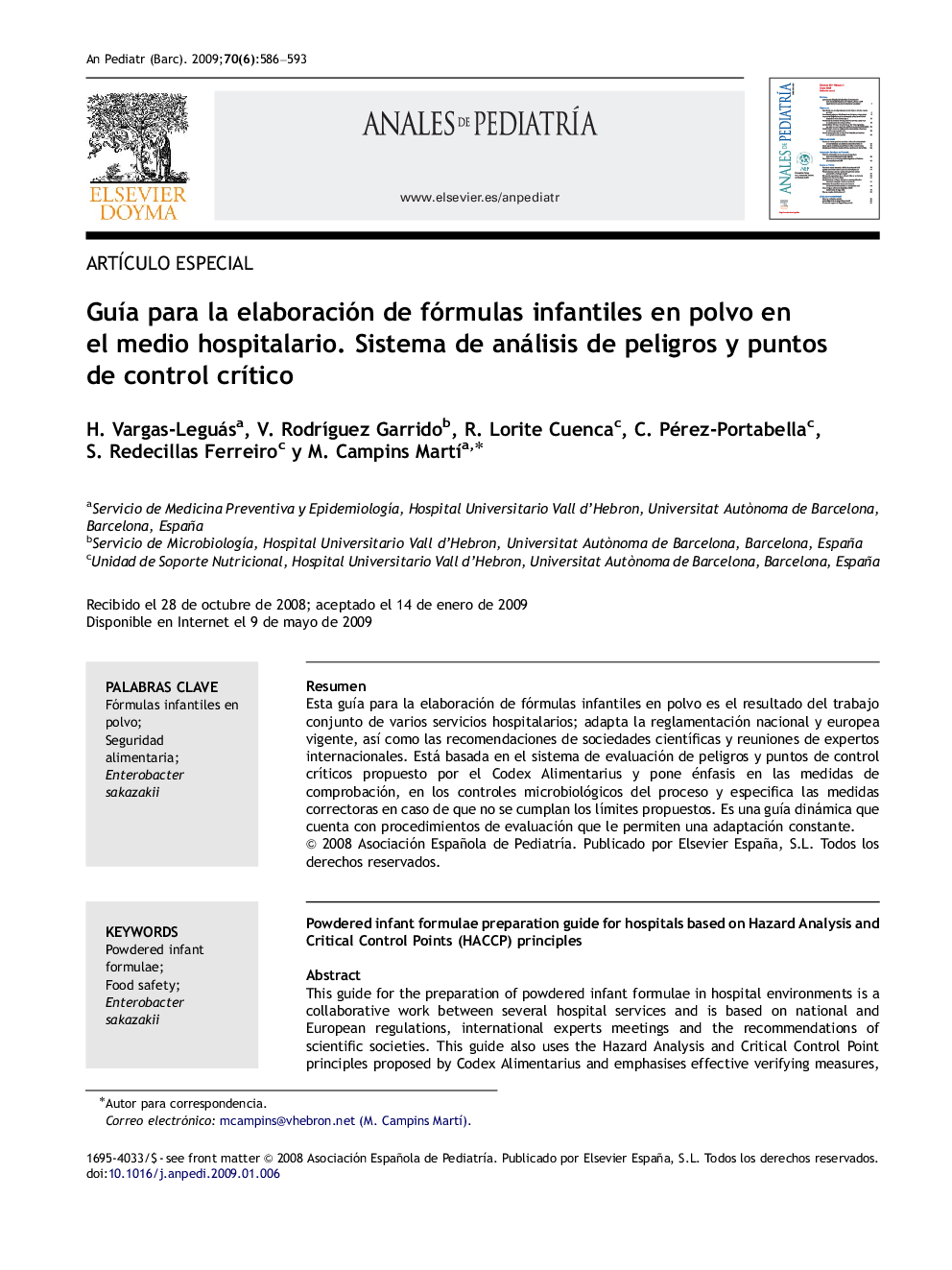 Guía para la elaboración de fórmulas infantiles en polvo en el medio hospitalario. Sistema de análisis de peligros y puntos de control crítico