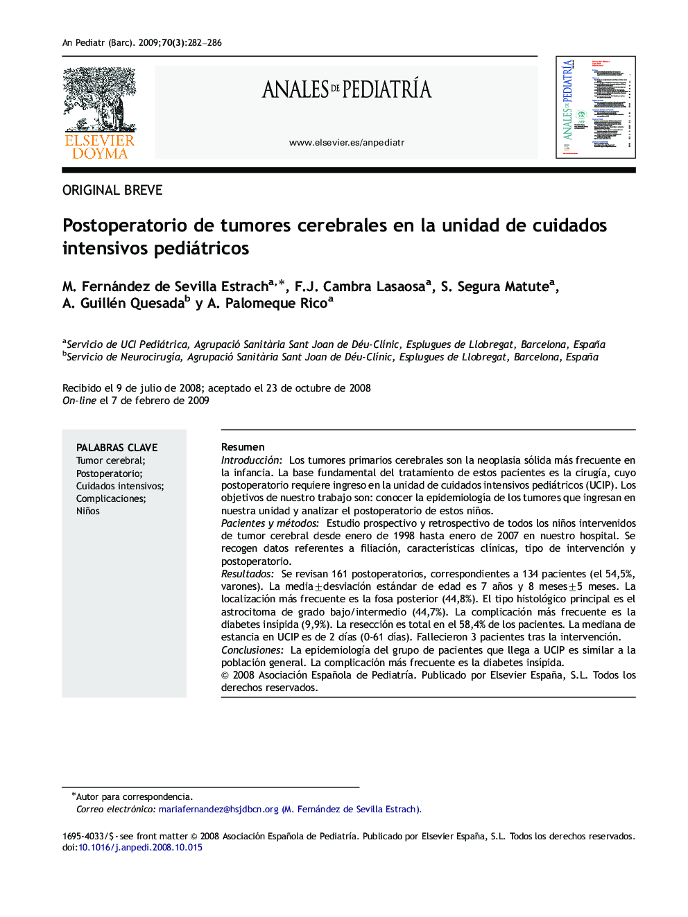 Postoperatorio de tumores cerebrales en la unidad de cuidados intensivos pediátricos