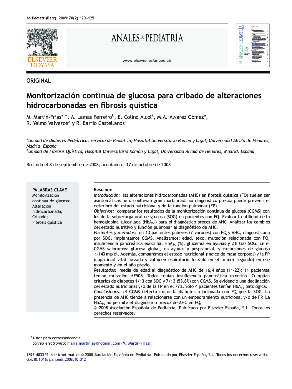 Monitorización continua de glucosa para cribado de alteraciones hidrocarbonadas en fibrosis quÃ­stica