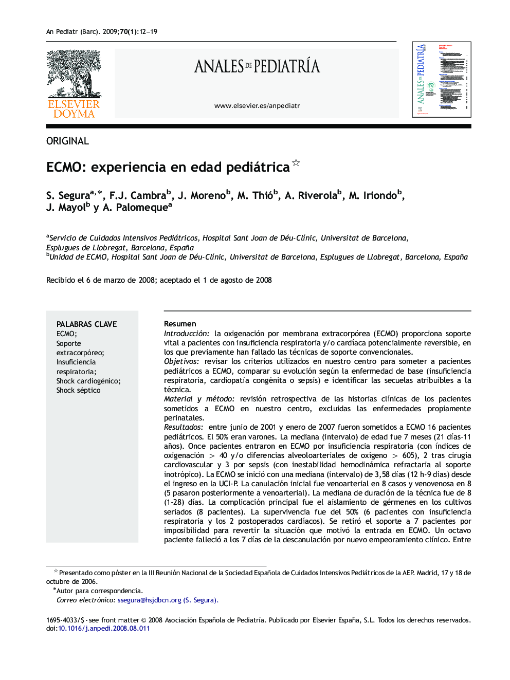 ECMO: experiencia en edad pediátrica