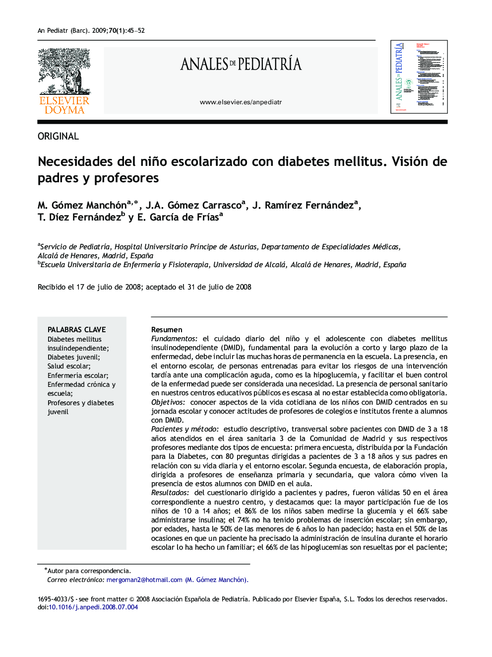 Necesidades del niño escolarizado con diabetes mellitus. Visión de padres y profesores