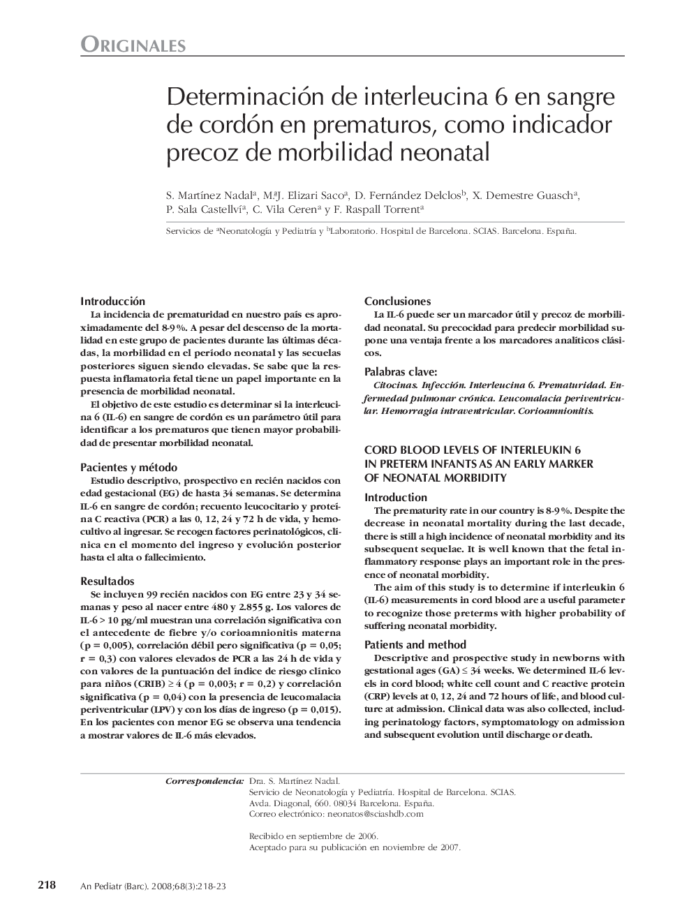 Determinación de interleucina 6 en sangre de cordón en prematuros, como indicador precoz de morbilidad neonatal