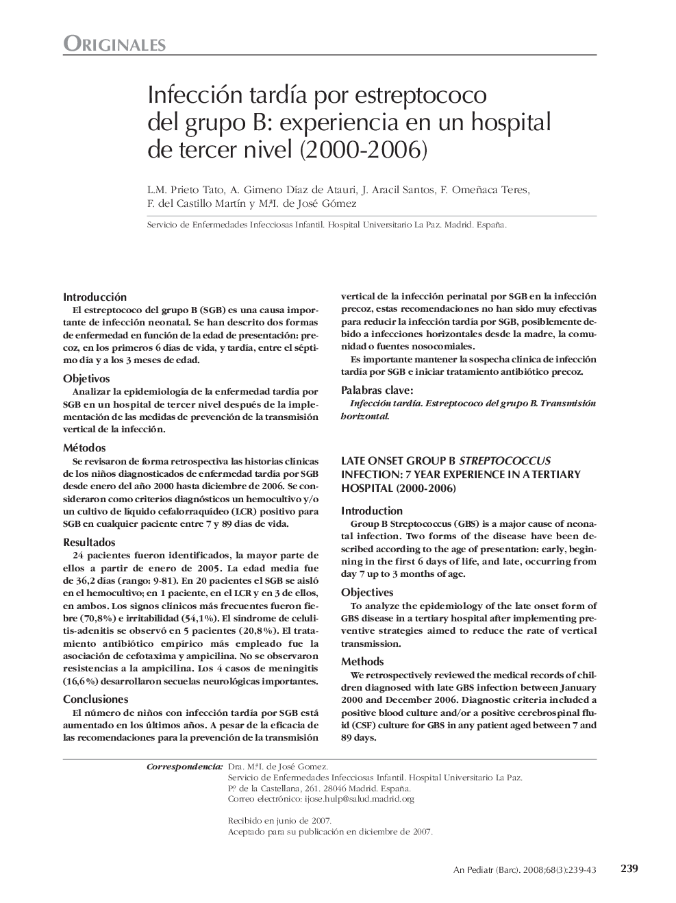 Infección tardía por estreptococo del grupo B: experiencia en un hospital de tercer nivel (2000-2006)