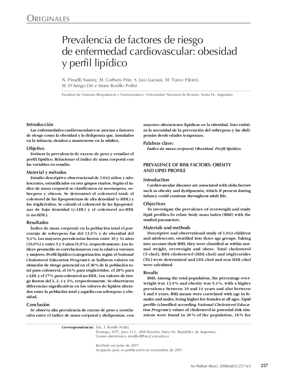 Prevalencia de factores de riesgo de enfermedad cardiovascular: obesidad y perfil lipÃ­dico