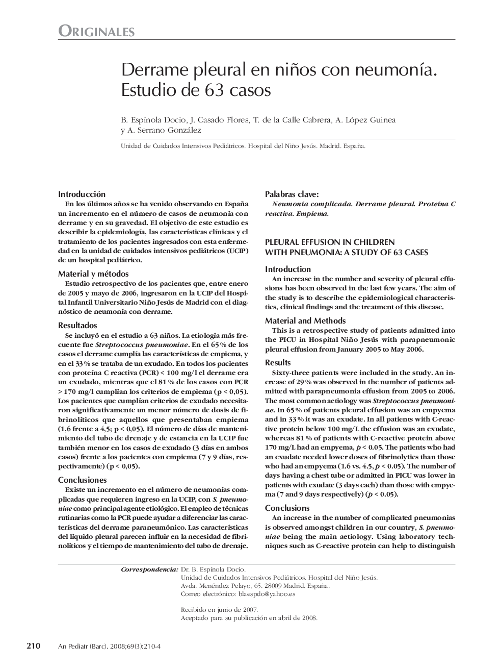 Derrame pleural en niños con neumonÃ­a. Estudio de 63 casos