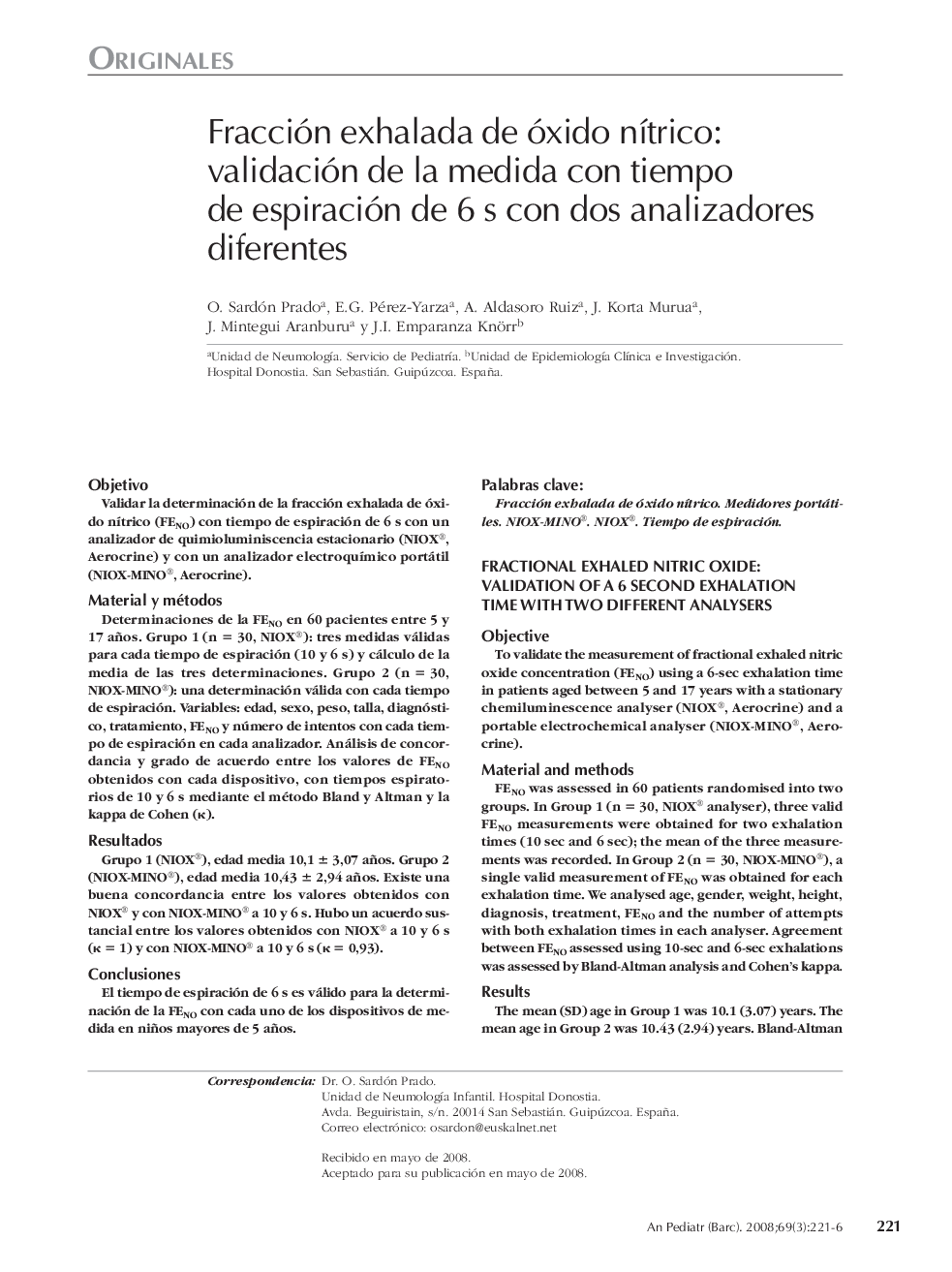 عکس صفحه اول مقاله: Fracción exhalada de óxido nítrico: validación de la medida con tiempo de espiración de 6 s con dos analizadores diferentes Fracción exhalada de óxido nítrico: validación de la medida con tiempo de espiración de 6 s con dos analizadores diferentes