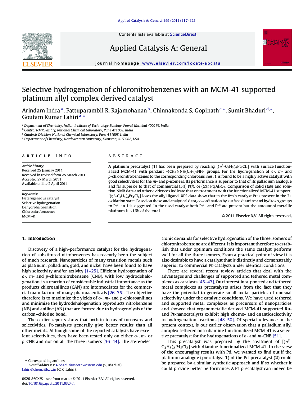 Selective hydrogenation of chloronitrobenzenes with an MCM-41 supported platinum allyl complex derived catalyst