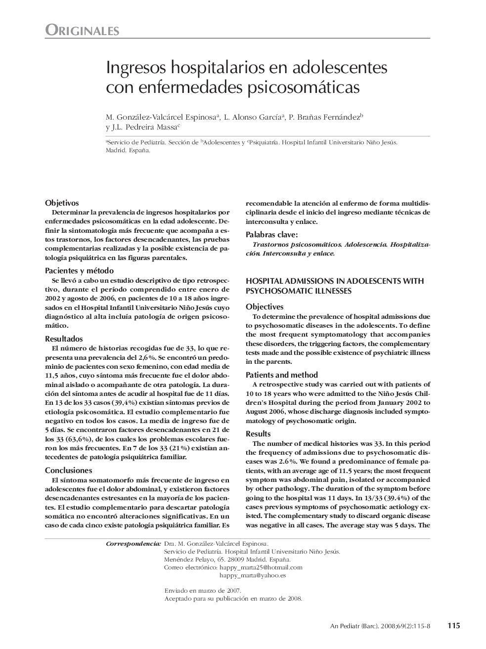 Ingresos hospitalarios en adolescentes con enfermedades psicosomáticas