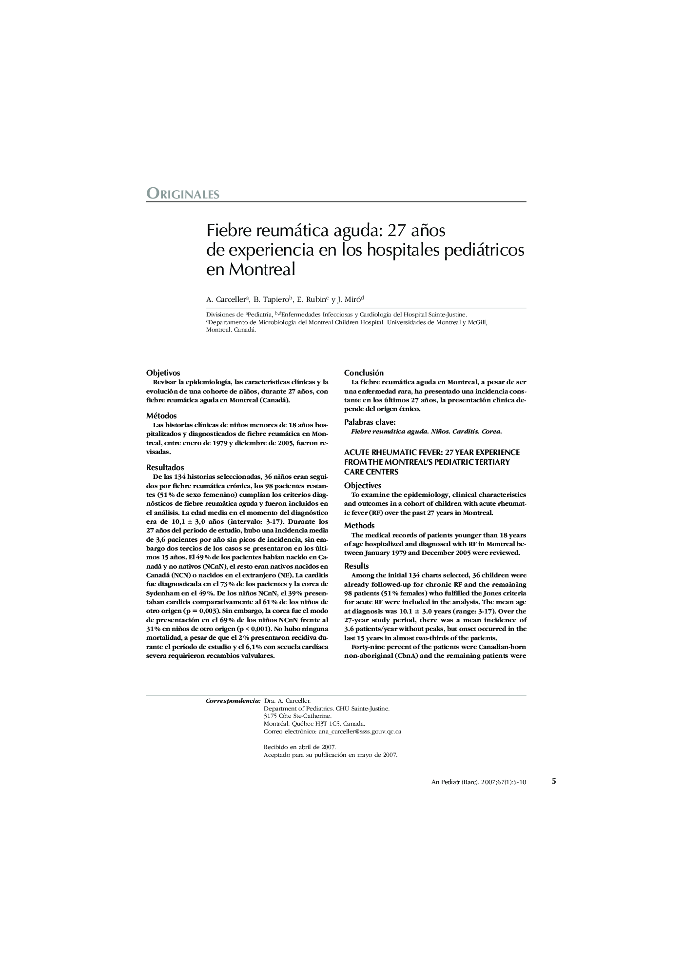 Fiebre reumática aguda: 27 años de experiencia en los hospitales pediátricos en Montreal