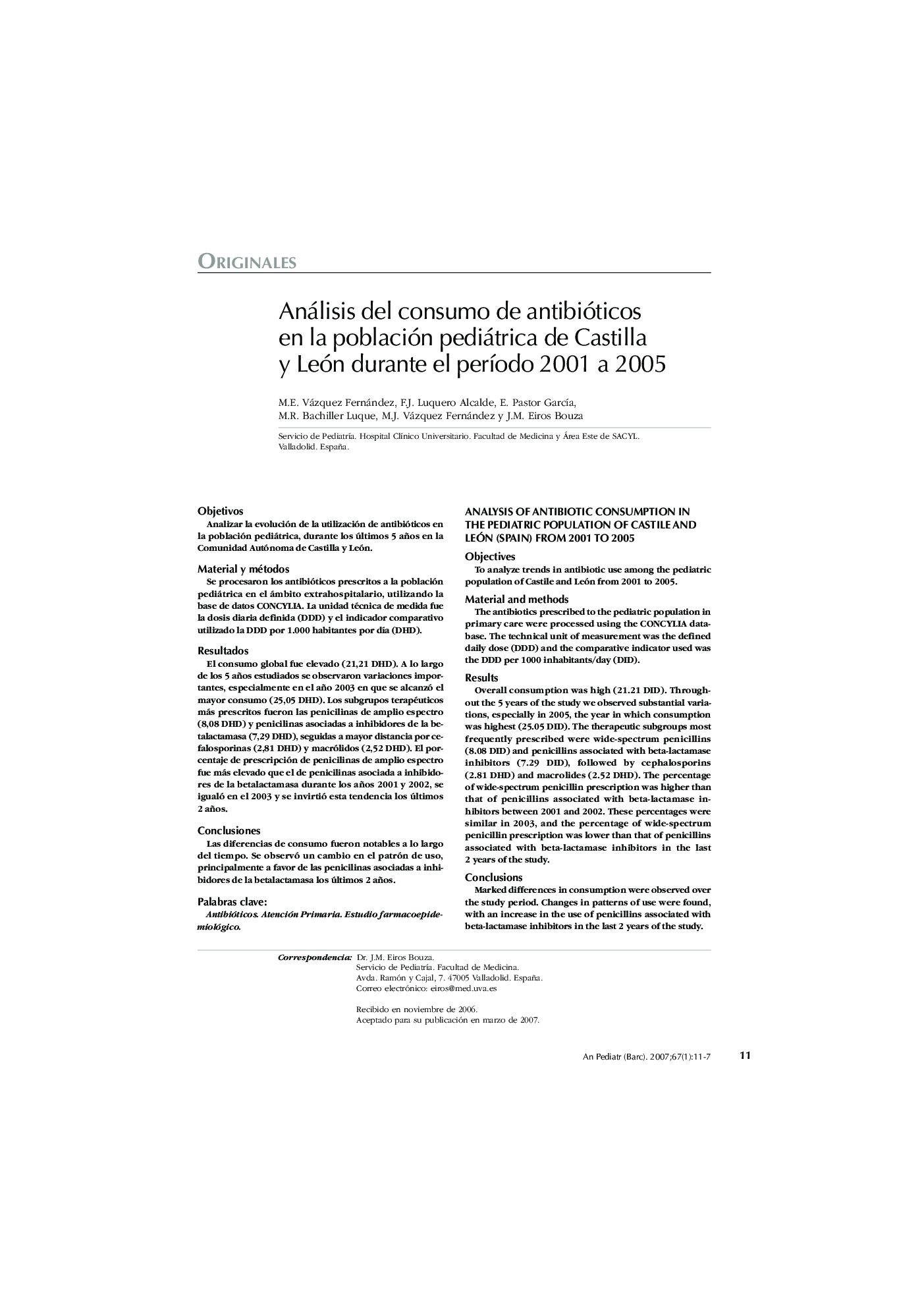 Análisis del consumo de antibióticos en la población pediátrica de Castilla y León durante el perÃ­odo 2001 a 2005
