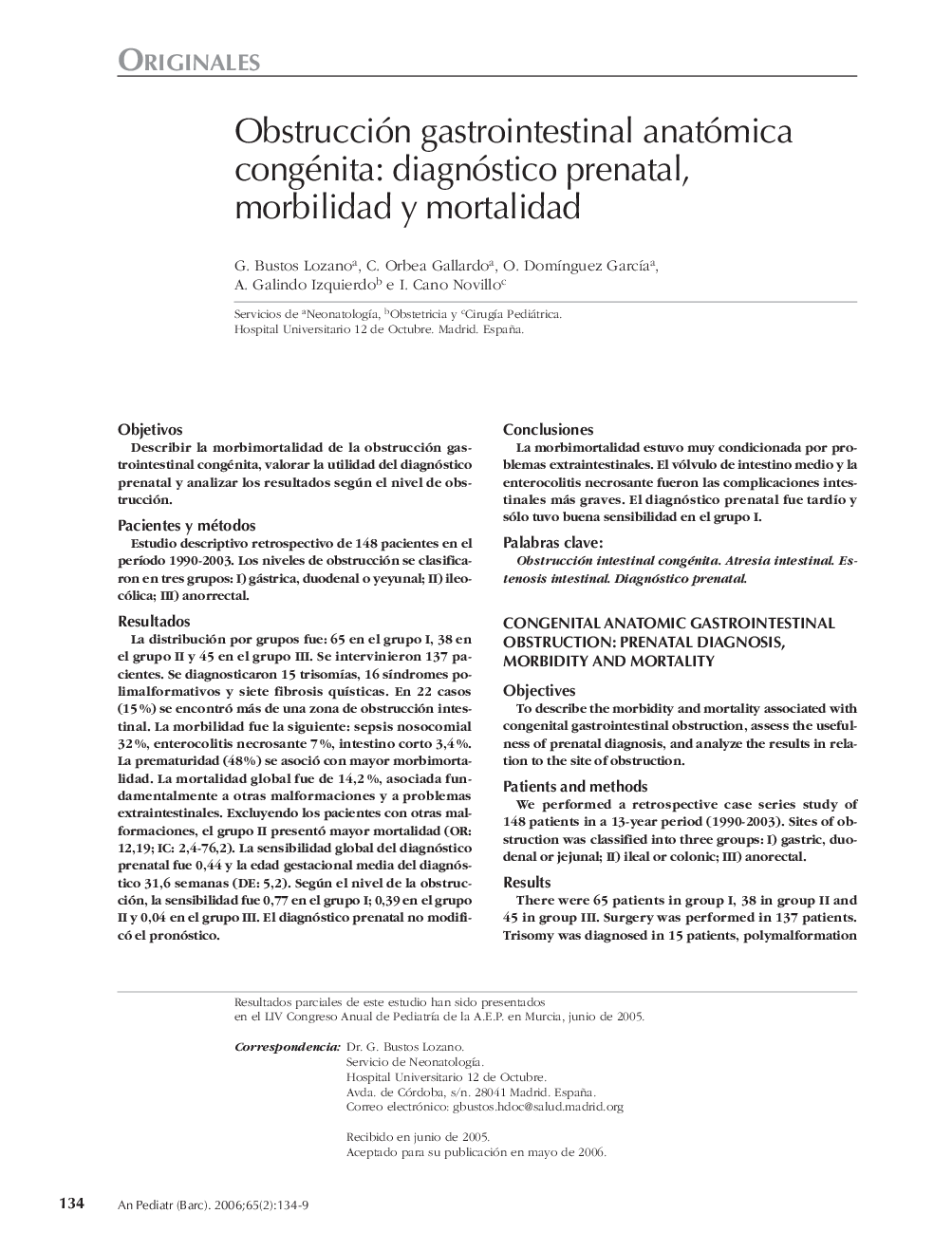 Obstrucción gastrointestinal anatómica congénita: diagnóstico prenatal, morbilidad y mortalidad