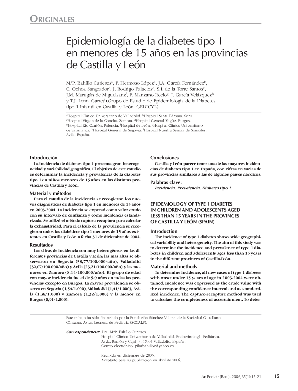 EpidemiologÃ­a de la diabetes tipo 1 en menores de 15 años en las provincias de Castilla y León