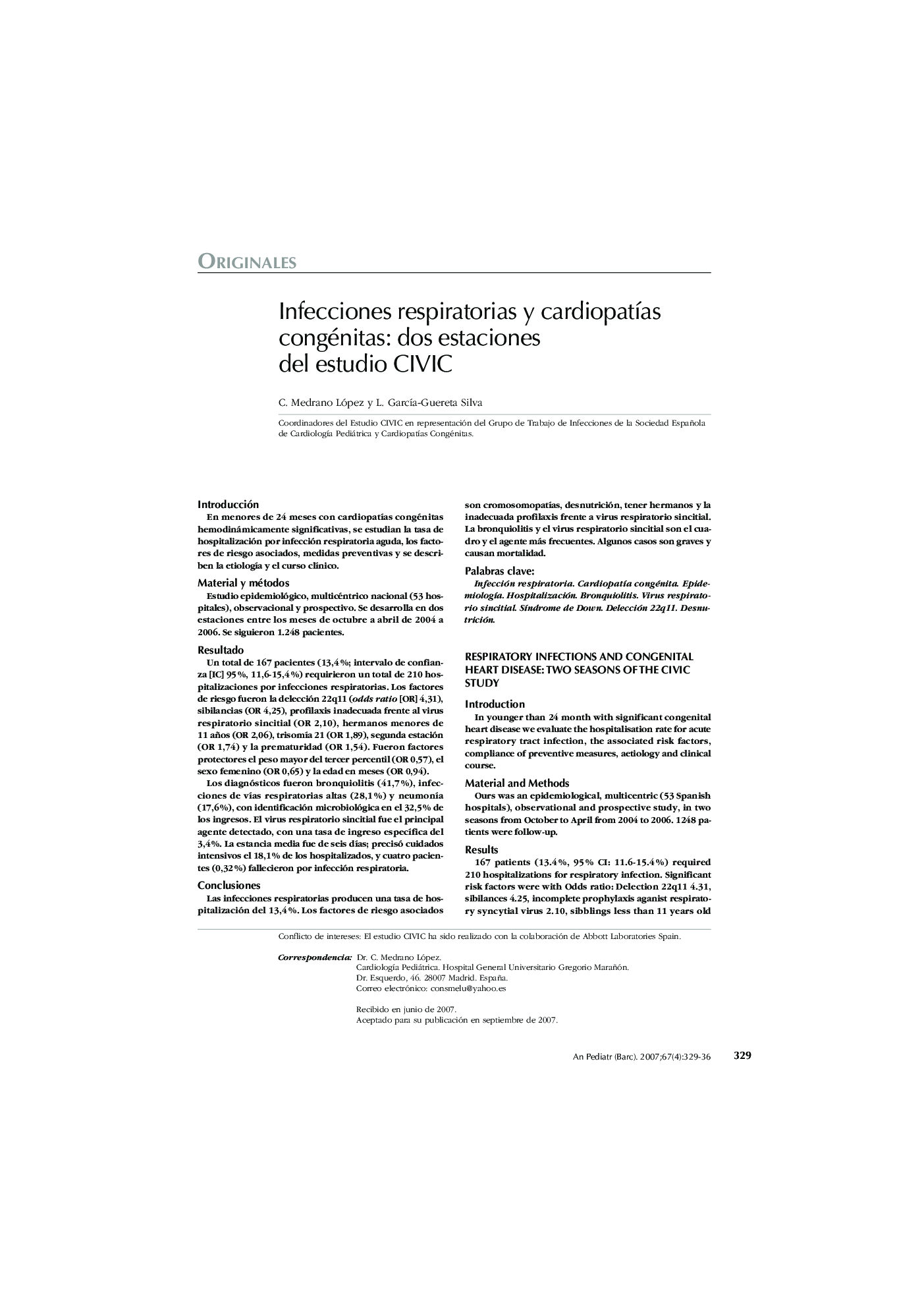 Infecciones respiratorias y cardiopatÃ­as congénitas: dos estaciones del estudio CIVIC