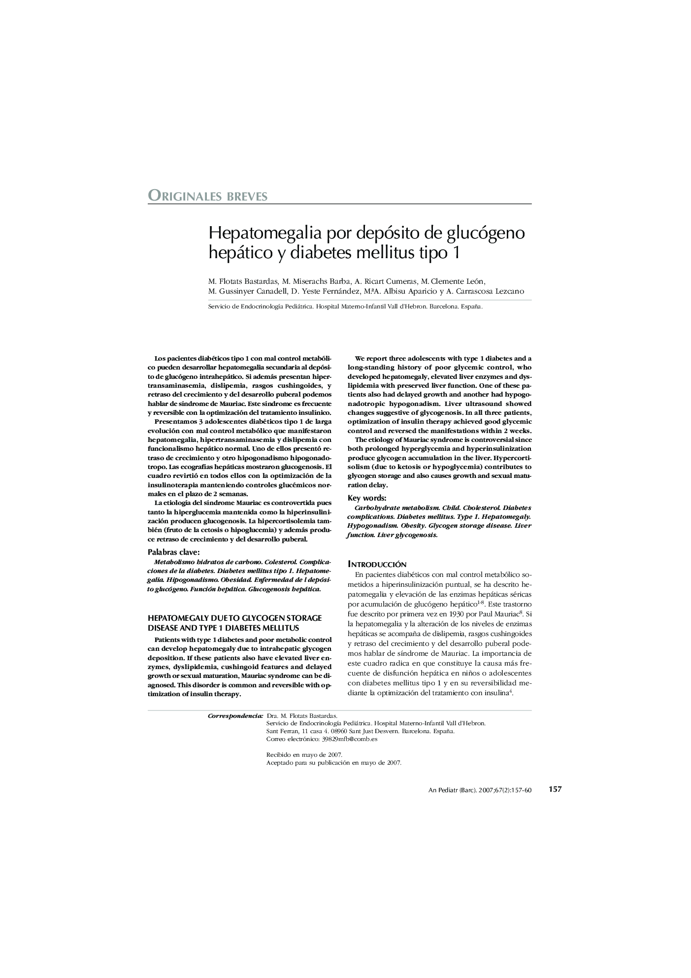 Hepatomegalia por depósito de glucógeno hepático y diabetes mellitus tipo 1