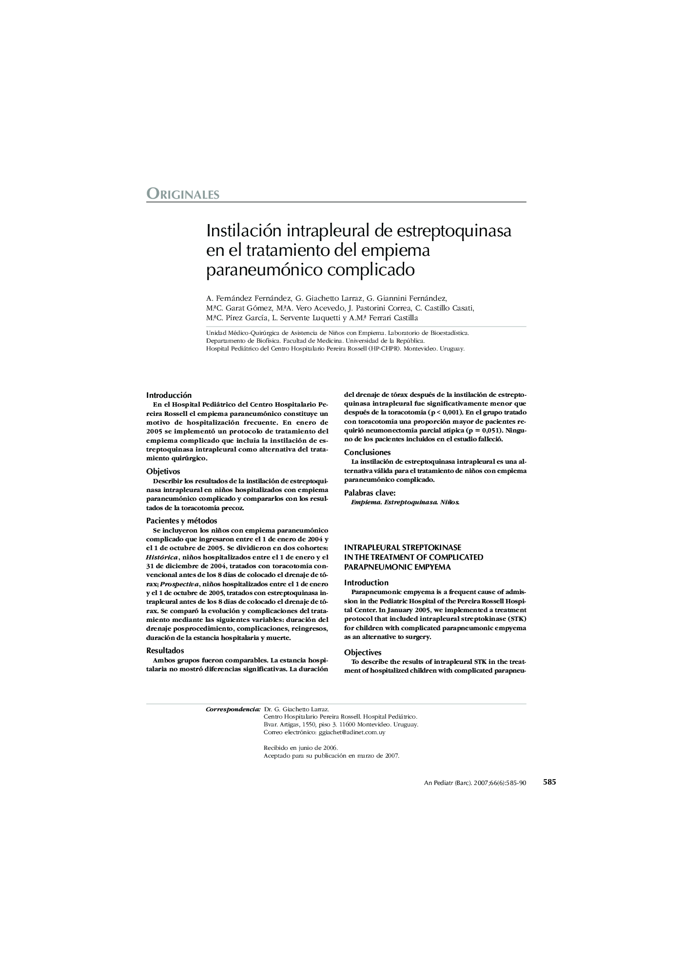 Instilación intrapleural de estreptoquinasa en el tratamiento del empiema paraneumónico complicado