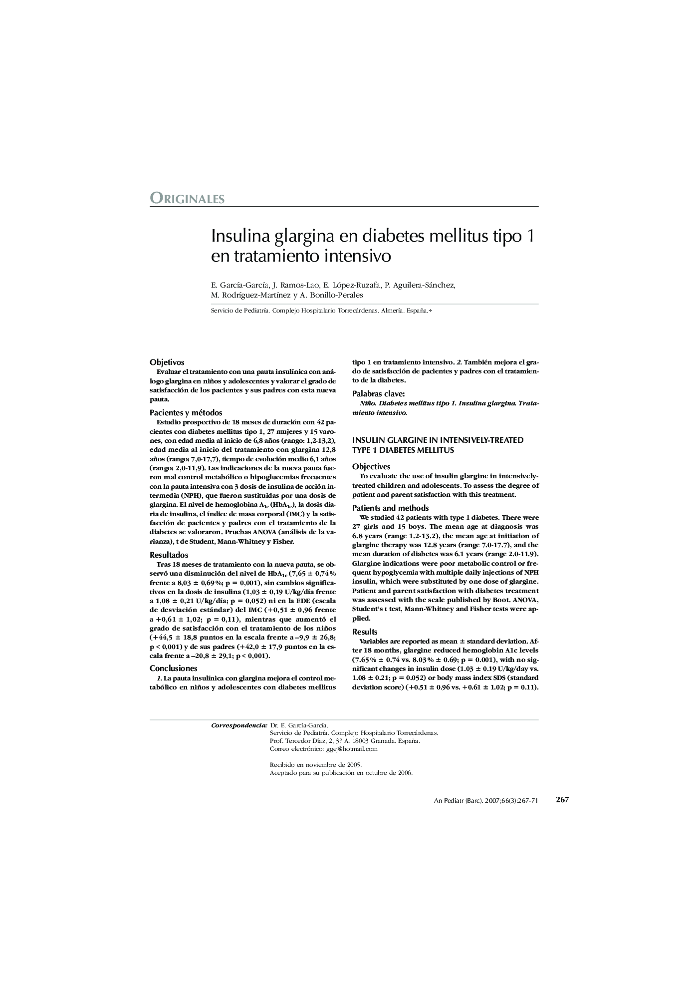 Insulina glargina en diabetes mellitus tipo 1 en tratamiento intensivo