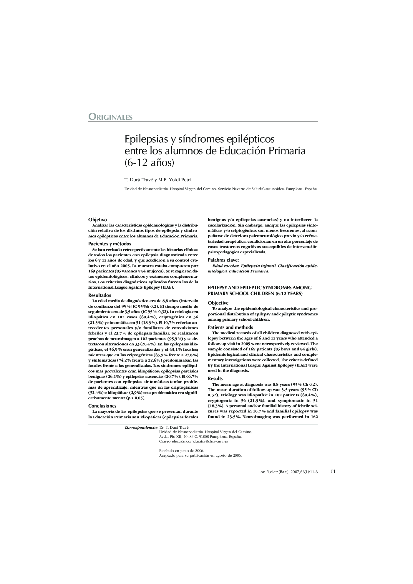 Epilepsias y sÃ­ndromes epilépticos entre los alumnos de Educación Primaria (6-12 años)