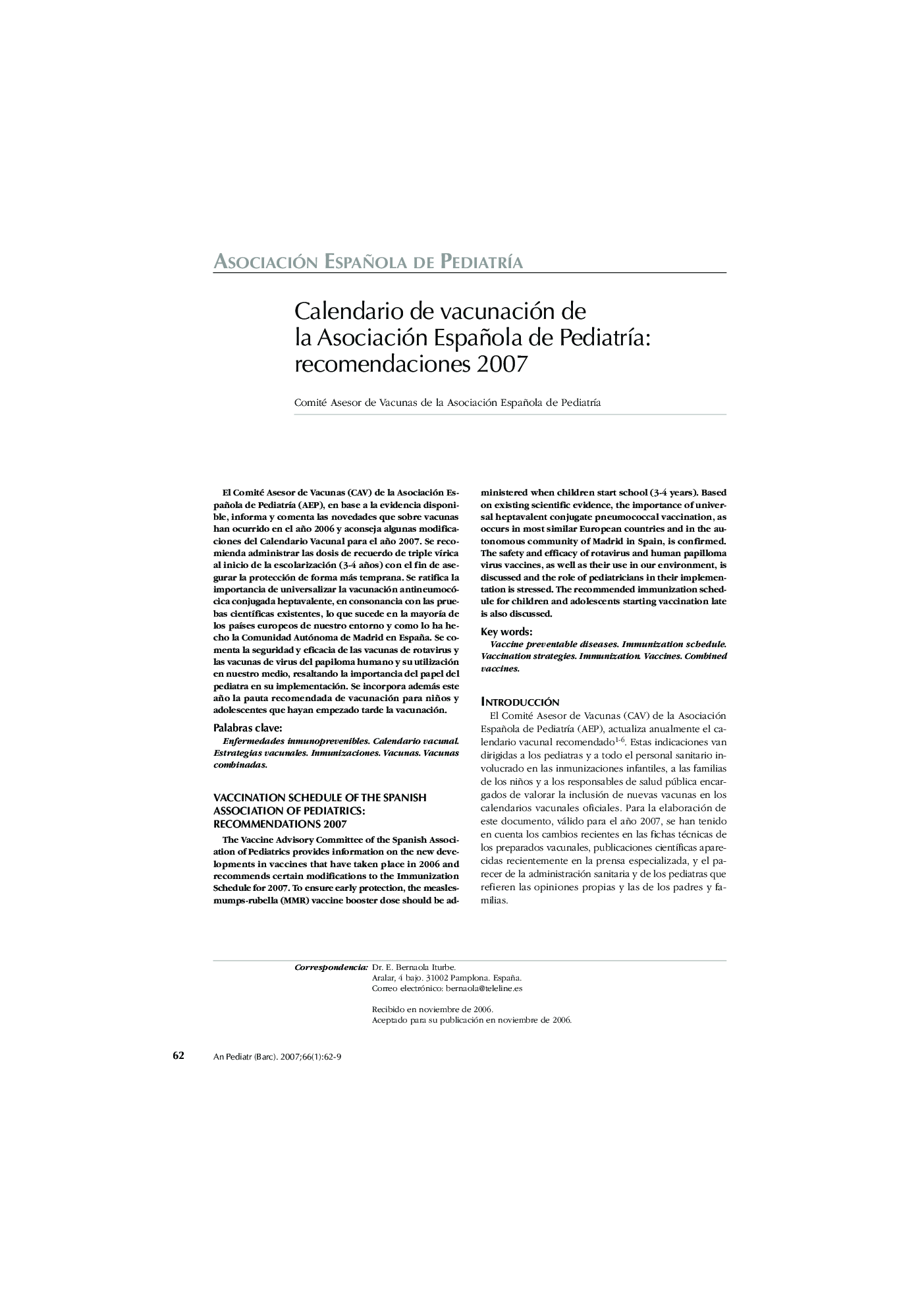 Calendario de vacunación de la Asociación Española de PediatrÃ­a: recomendaciones 2007