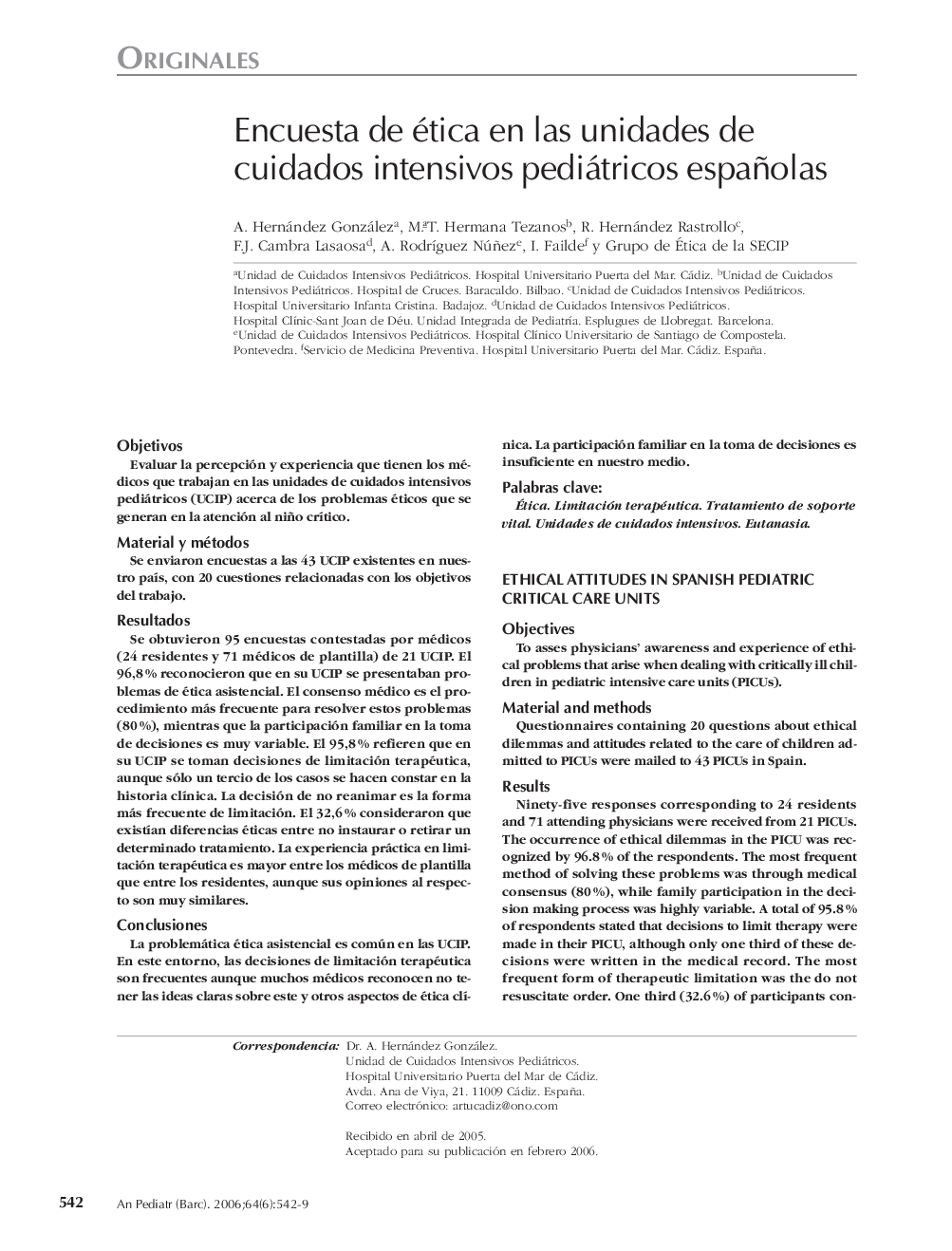 Encuesta de ética en las unidades de cuidados intensivos pediátricos españolas