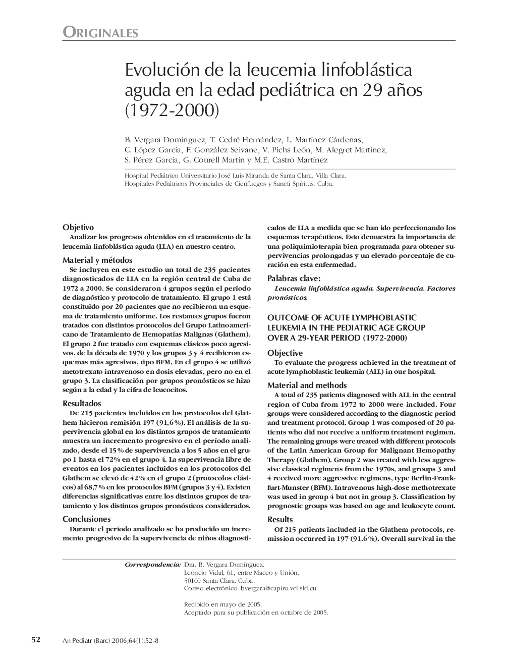 Evolución de la leucemia linfoblástica aguda en la edad pediátrica en 29 años (1972-2000)