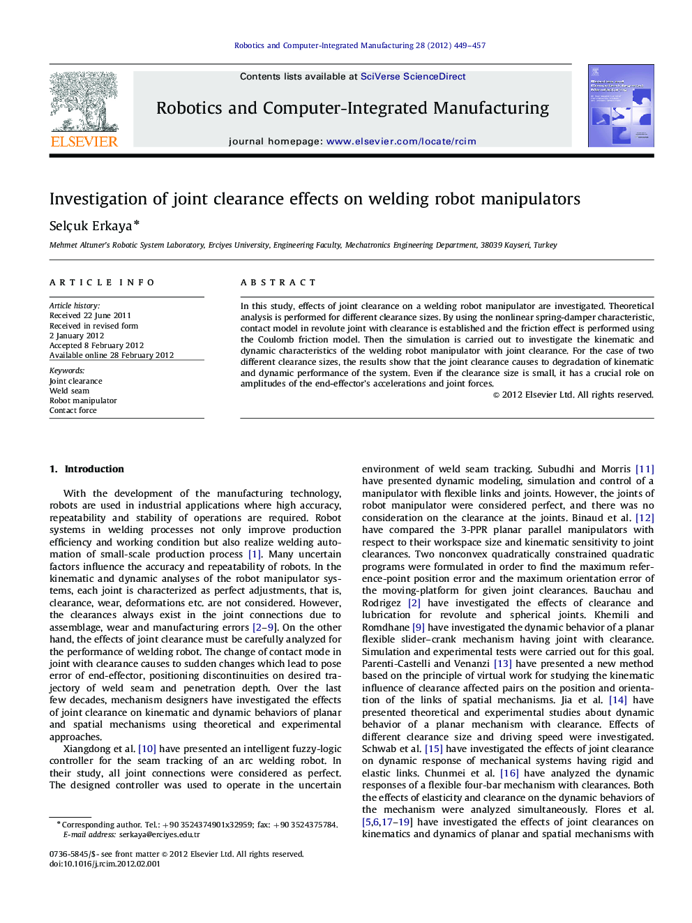 Investigation of joint clearance effects on welding robot manipulators