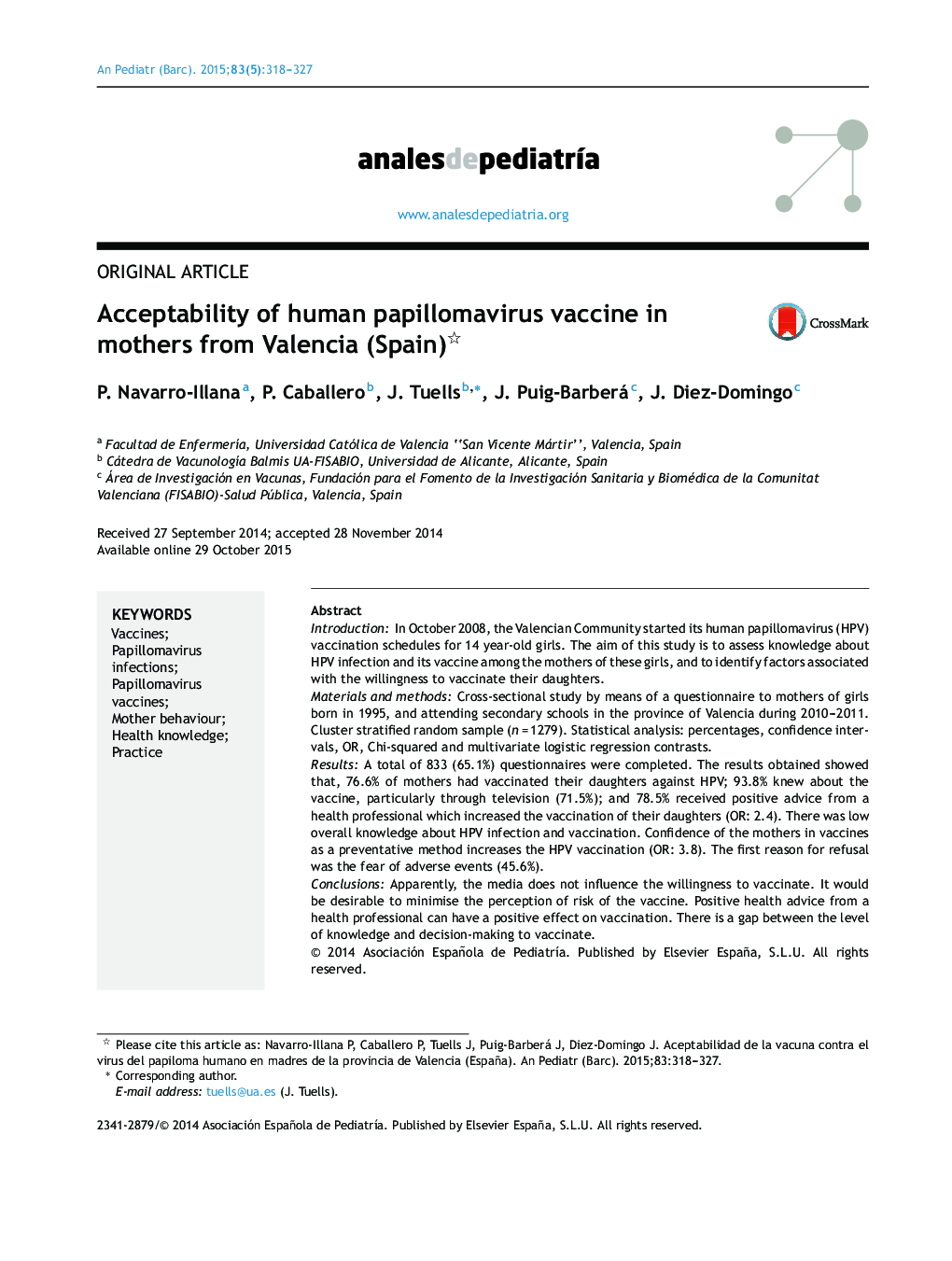 پذیرش واکسن پاپیلومای انسانی در مادران والنسیا (اسپانیا) 