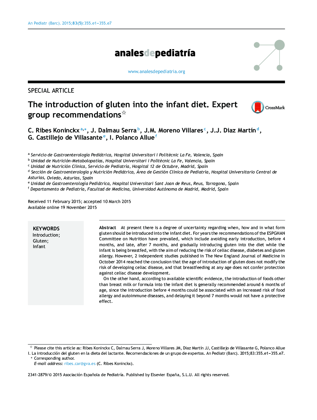 The introduction of gluten into the infant diet. Expert group recommendations