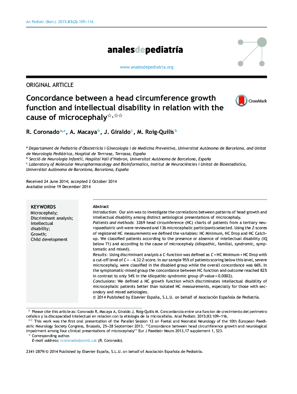 Concordance between a head circumference growth function and intellectual disability in relation with the cause of microcephaly 