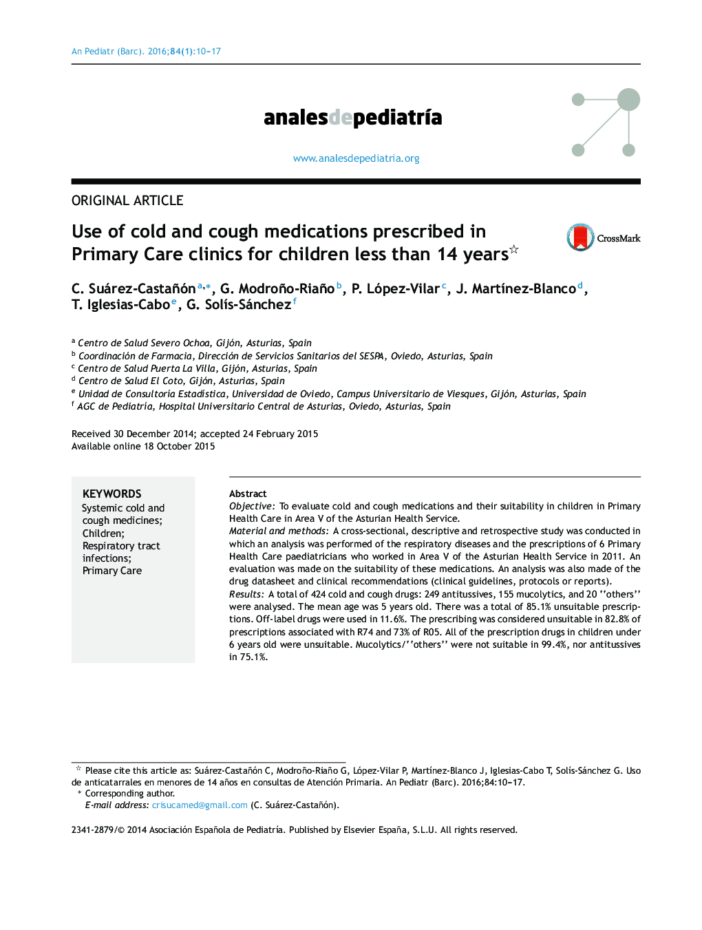 Use of cold and cough medications prescribed in Primary Care clinics for children less than 14 years 