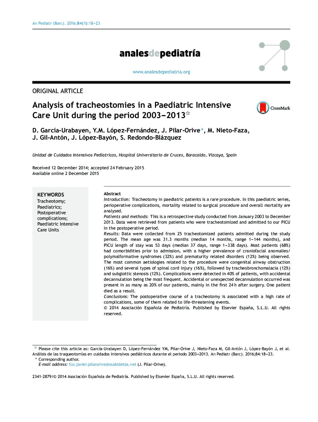 Analysis of tracheostomies in a Paediatric Intensive Care Unit during the period 2003–2013 