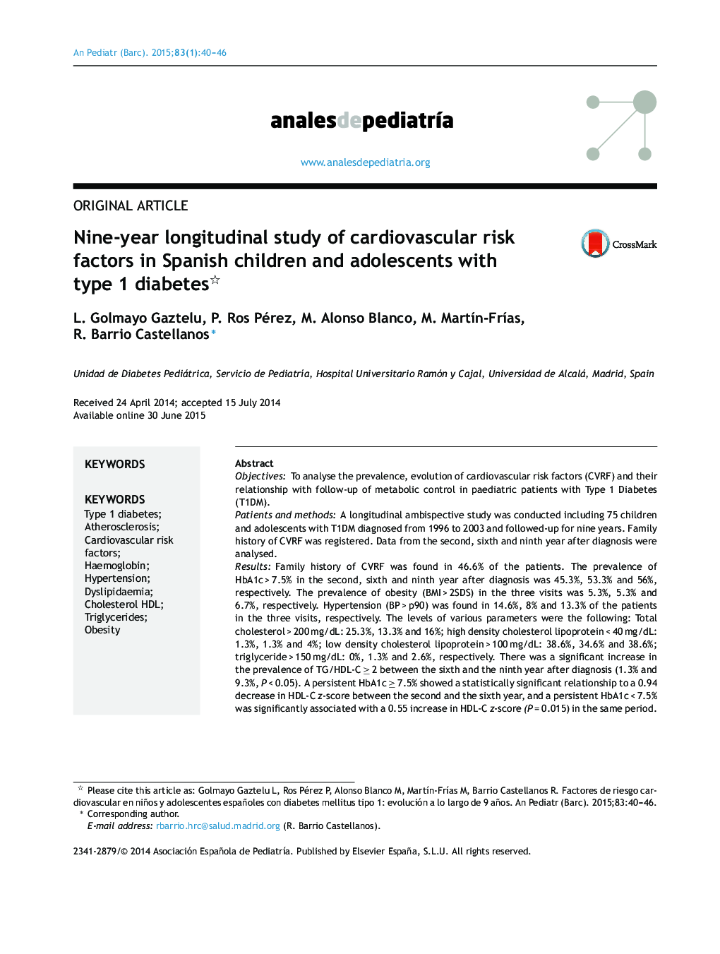 Nine-year longitudinal study of cardiovascular risk factors in Spanish children and adolescents with type 1 diabetes 