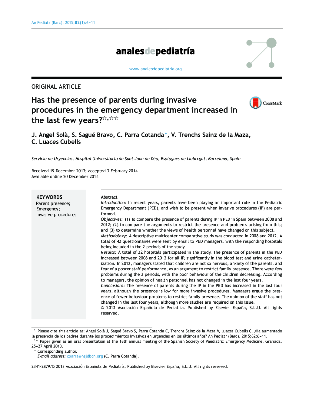 Has the presence of parents during invasive procedures in the emergency department increased in the last few years? 