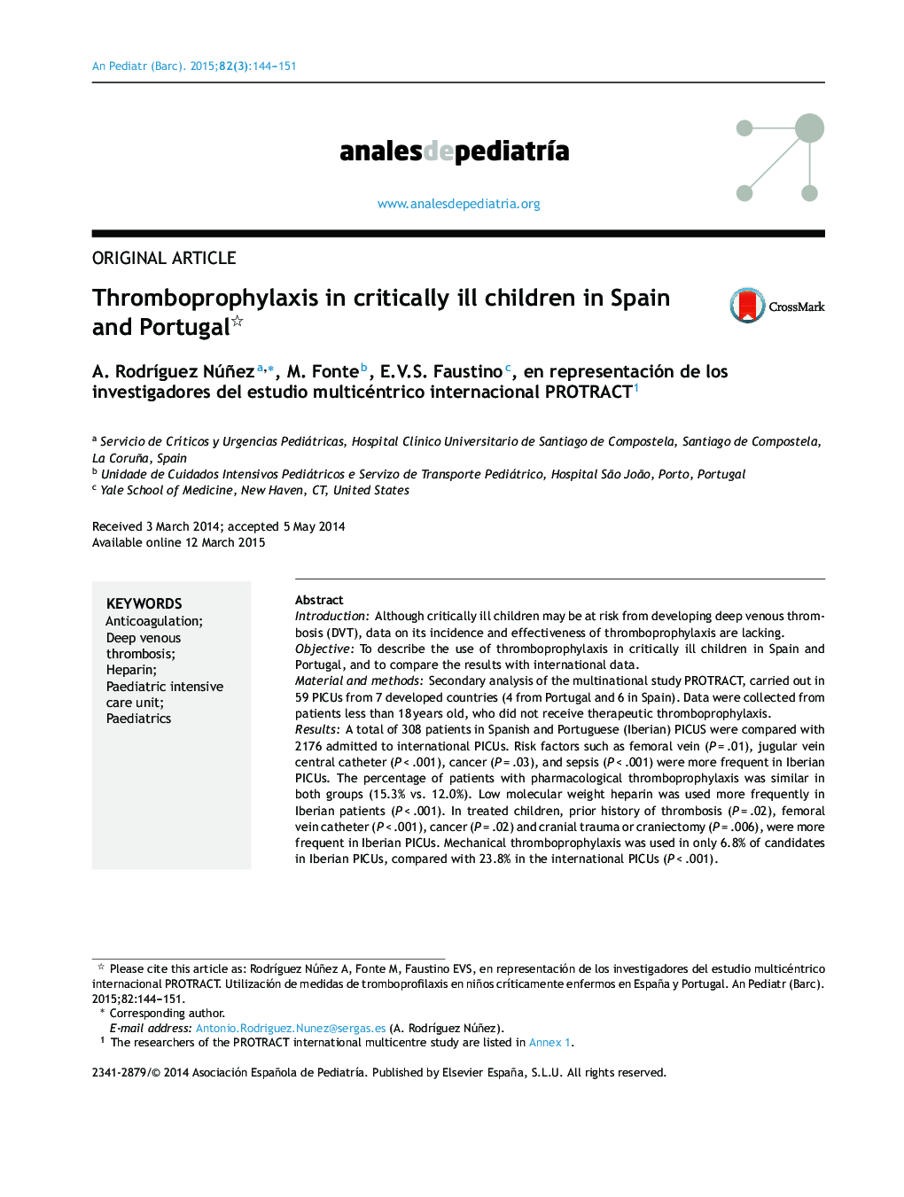 Thromboprophylaxis in critically ill children in Spain and Portugal 