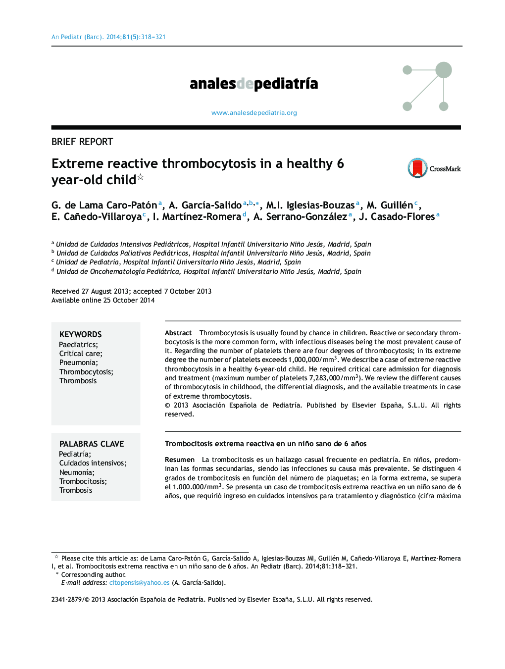 Extreme reactive thrombocytosis in a healthy 6 year-old child 